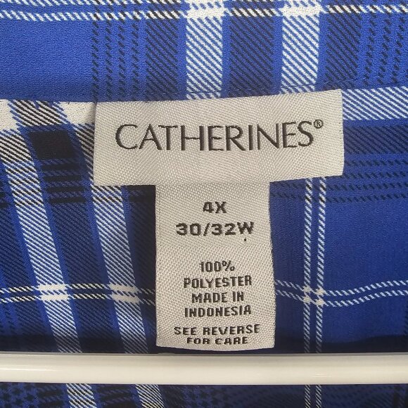 Catherines Blue White Plaid Button Down Shirt Dress Preppy Roll Tab 4X - Picture 10 of 12